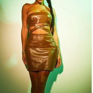 SHAPE CHOCOLATE BROWN EMBOSSED FAUX LEATHER CUT OUT BODYCON DRESS